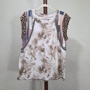 Ces Femme Sleeveless Tie-dye Leopard Print Top With Chevron Braid Trim